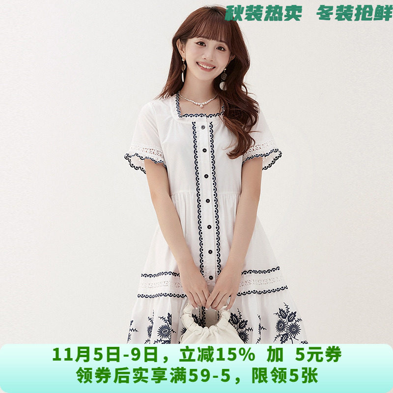 深圳南油NY0A0791刺绣图案棉质中裙连衣裙女6.12夏