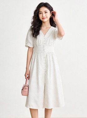 高端BO0A0048简约日常波点裙子高腰连衣裙女5.22夏