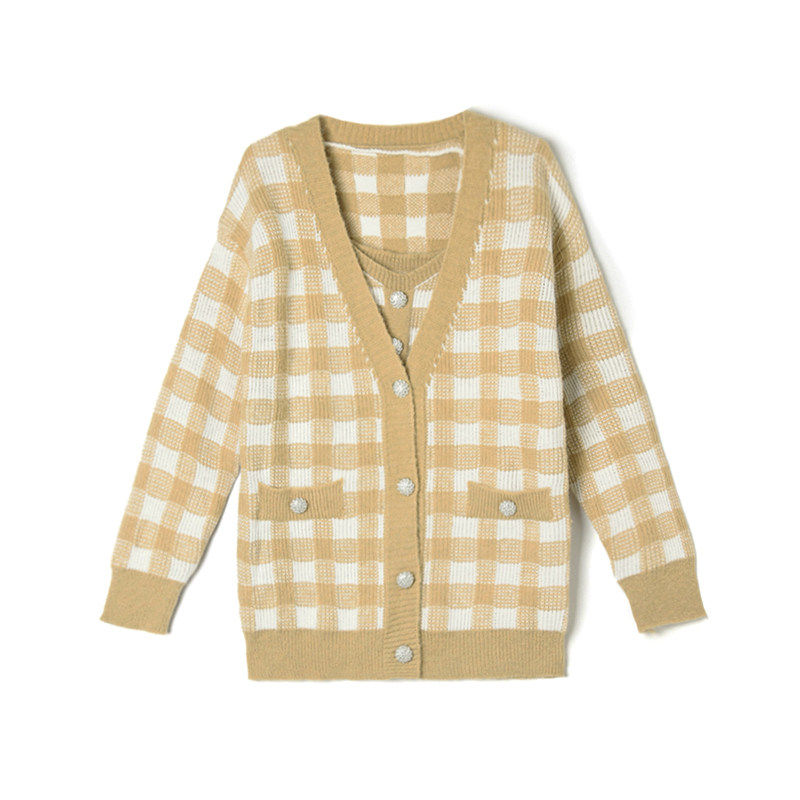 HG0U0001格纹针织外套+背心时尚两件套装女12.20冬