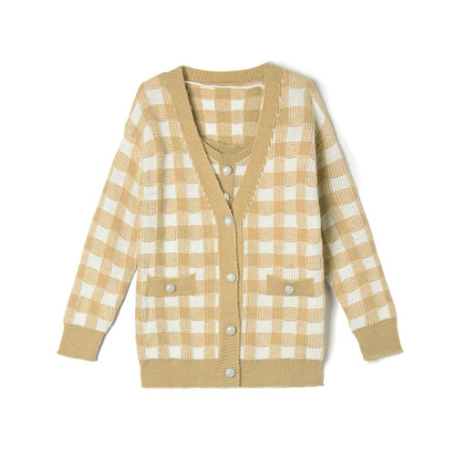 HG0U0001格纹针织外套+背心时尚两件套装女12.20冬