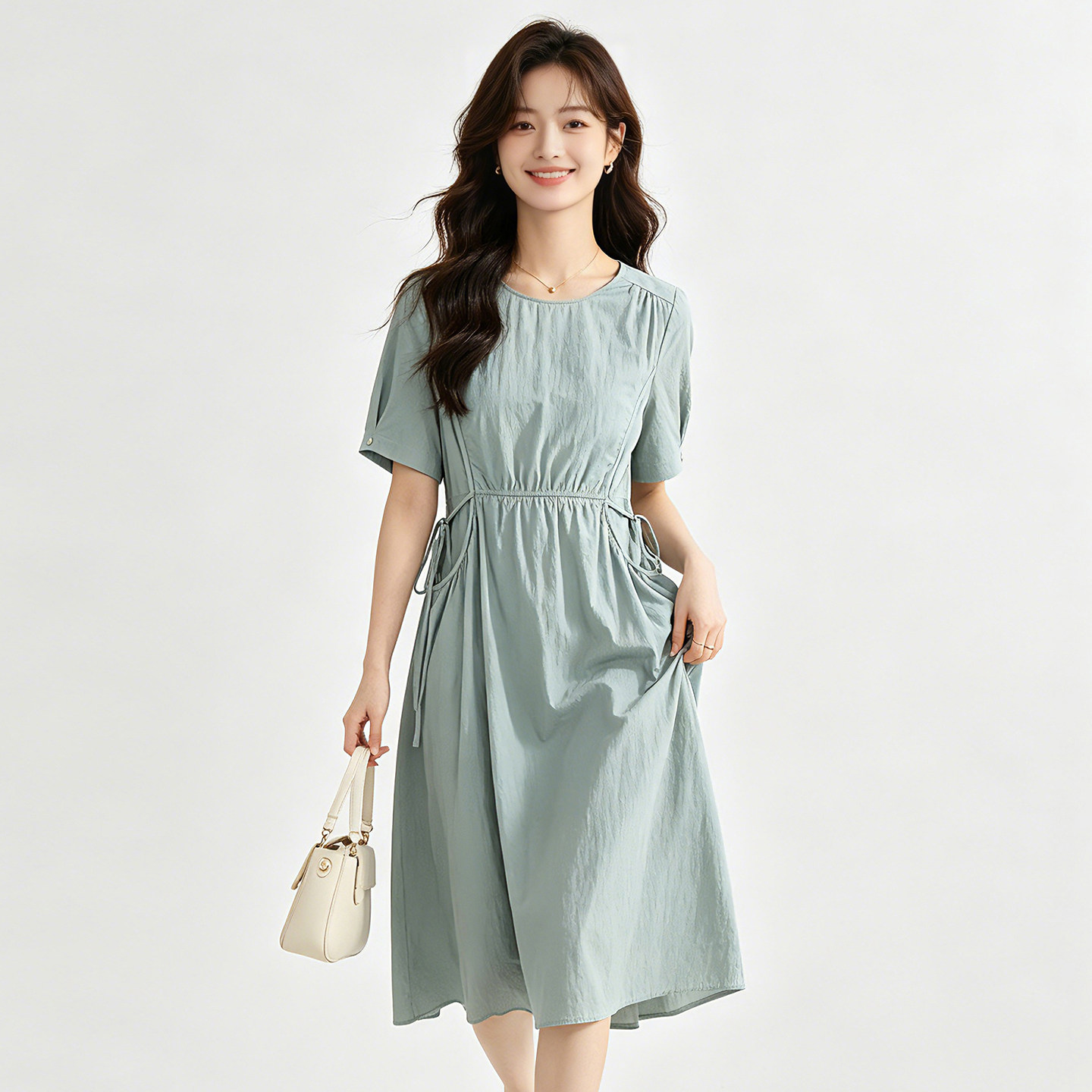 HJ0A0123真口袋纯棉松紧腰中长裙子连衣裙女7.7夏