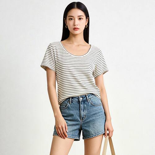 BY0C0016百搭条纹圆领有弹力套头上衣T恤女5.27夏