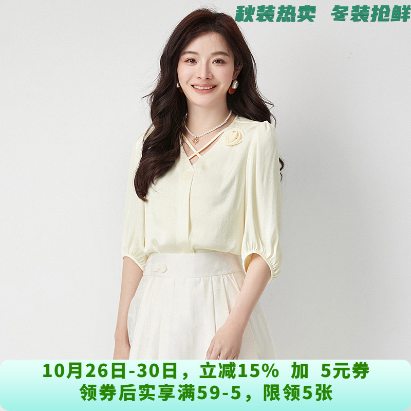 0F0001侧边花朵设计上衣套头七分袖雪纺衫女3.4春