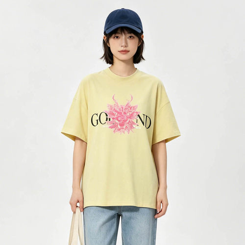高端IV0C0004粉黑印花休闲圆领款上衣T恤女7.26夏