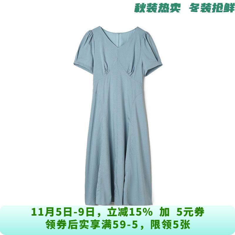 HG0A0115端庄气质中长裙高腰短袖裙子连衣裙女4.28夏