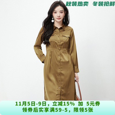 QY0A0033时尚光泽感中裙单排扣裙子连衣裙女8.20秋