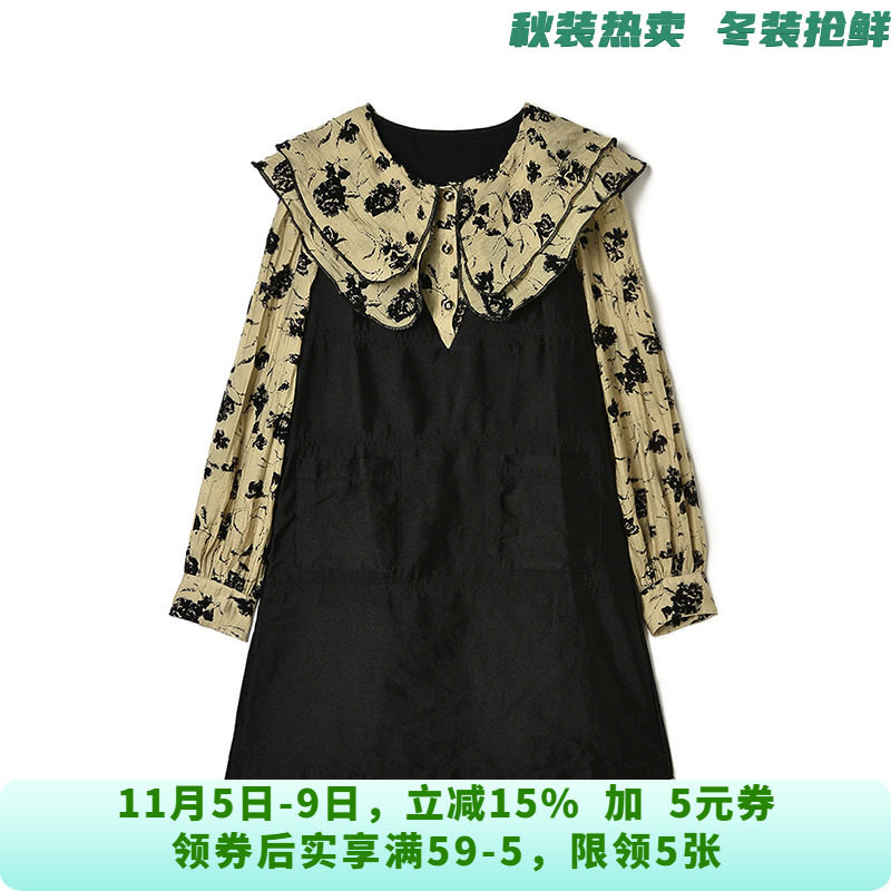 EV0A0010印花双层领短裙长袖裙子连衣裙女9.17秋