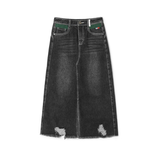 JJ0B0003复古港风牛仔长裙磨毛下摆半身裙女12.19春