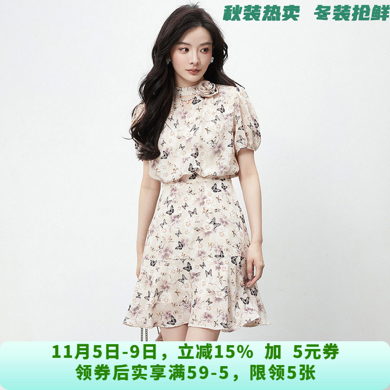 高端YJ0A0008雅致印花短袖中裙连衣裙女6.14夏