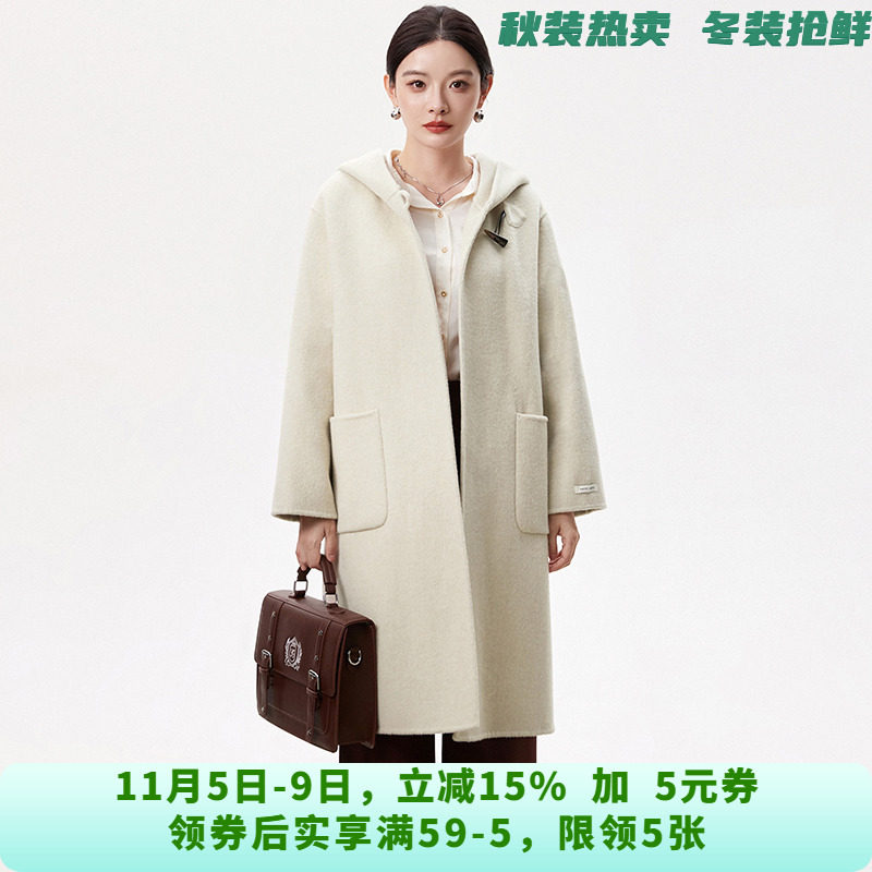 [禾哲]HZ1E0080一粒扣连帽含羊毛双面尼大衣女10.28冬