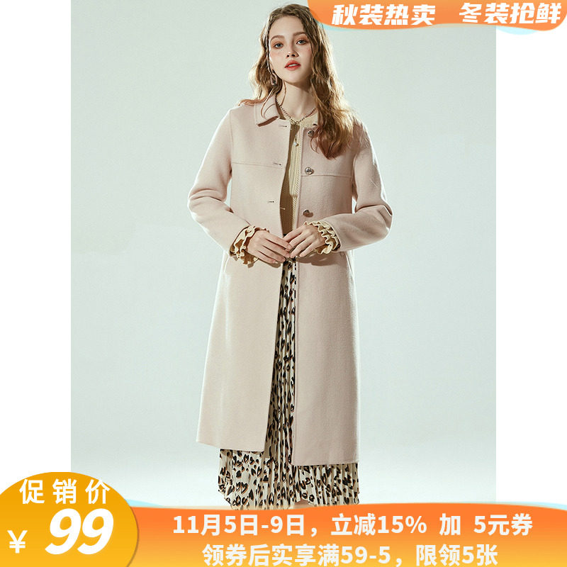FA抢鲜精品女装 品牌折扣店 含羊毛斜插口袋双面尼毛呢外套大衣冬