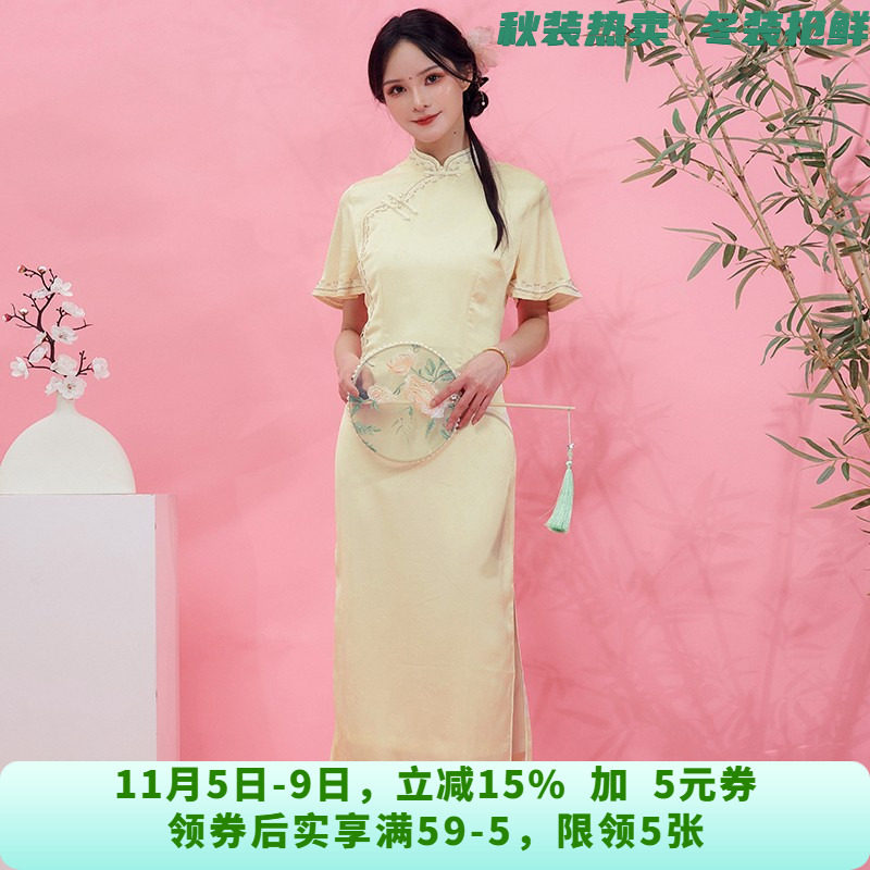 QP0Y0009民国风气质中长裙新中式含丝旗袍女4.7夏