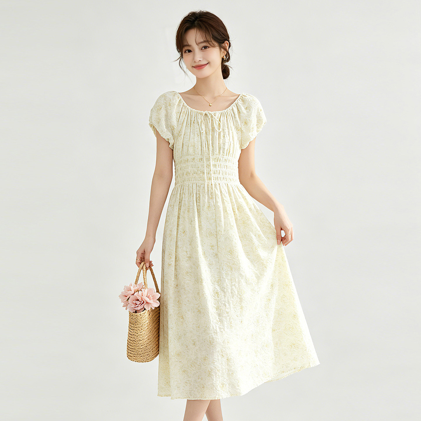 HJ0A0013花朵图案纯棉系带领裙子连衣裙女7.7夏