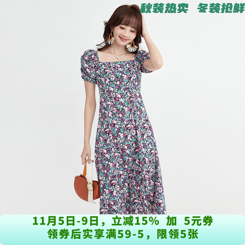 UW0A0073温柔风中长裙短袖印花裙子连衣裙女6.10夏
