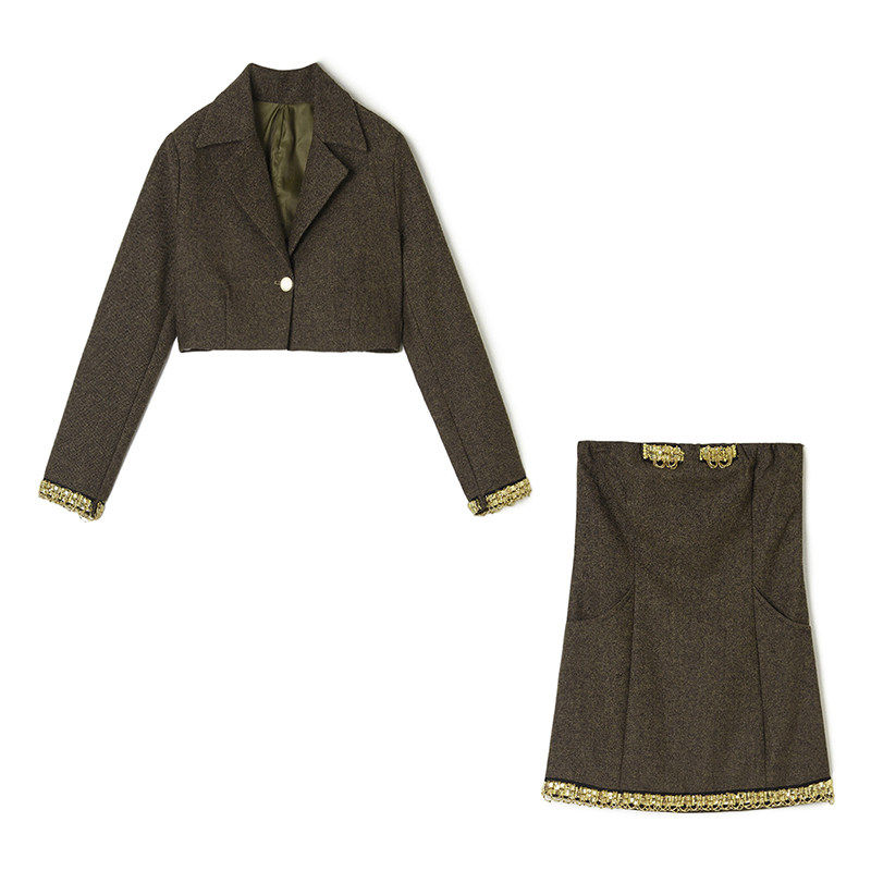 HG0U0020一粒扣长袖外套+抹胸裙两件套装女1.6春