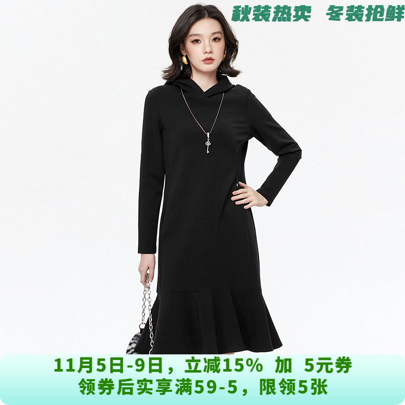 WP0A0002简约风中裙连帽长袖裙子连衣裙女8.9秋