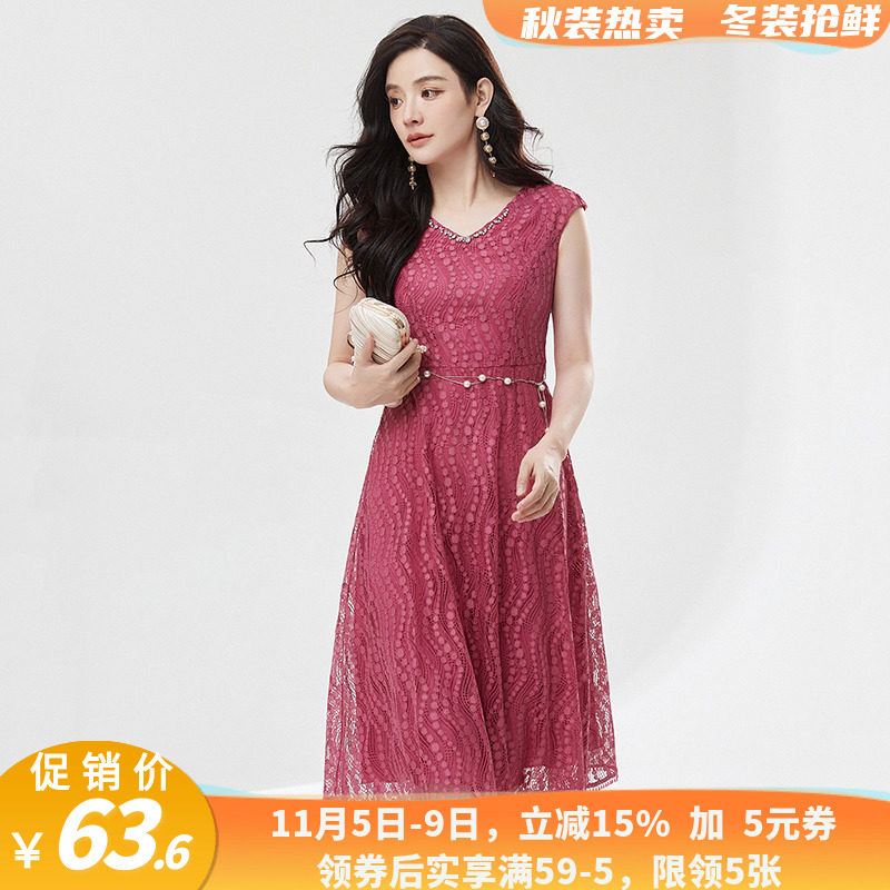 歌清仓格调女装 品牌折扣店商场撤柜 珍珠点缀系腰带无袖连衣裙夏