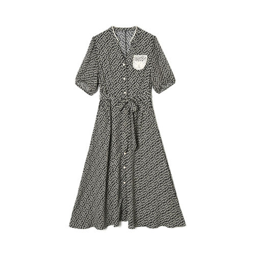 ZU0A0029通勤风花色五分袖裙子系腰带连衣裙女5.1夏