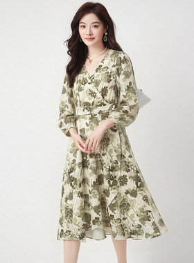 高端OU0A0005温柔知性印花中长裙连衣裙女3.10春