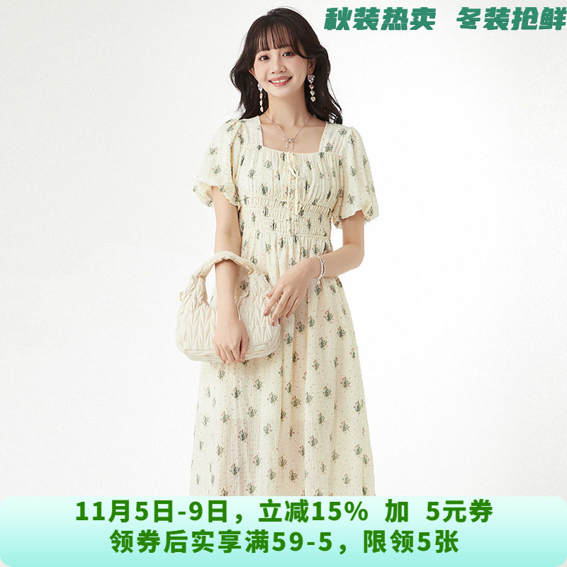 HC0A0009素雅碎花中长裙松紧腰裙子连衣裙女6.13夏