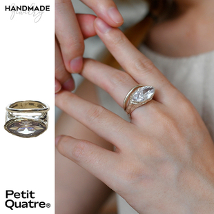 PetitQuatre原创设计手工马眼皓石镶嵌戒指简约925银个性男女指环