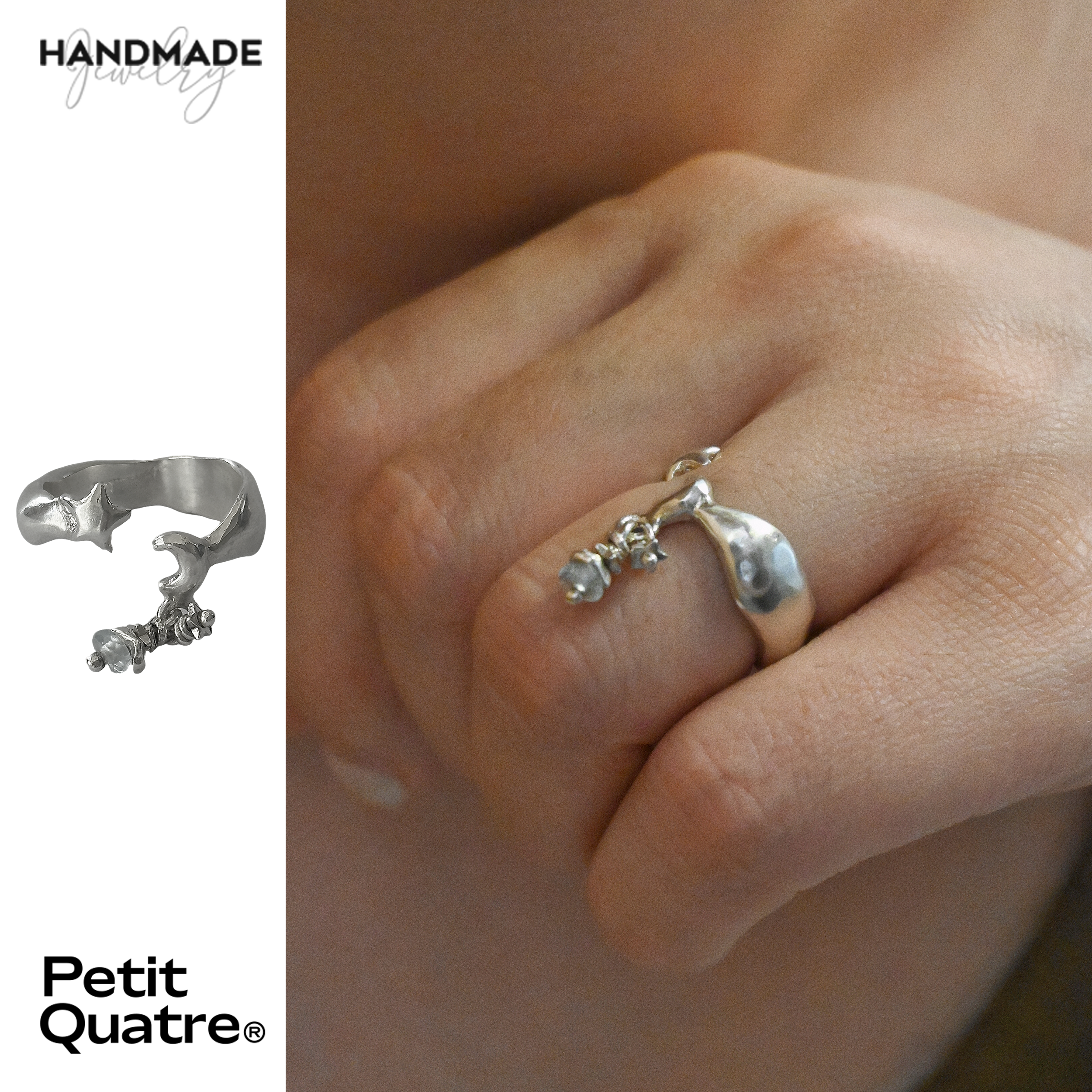 petitquatre纯手工制通体925星月系列天然海蓝宝石开口戒指