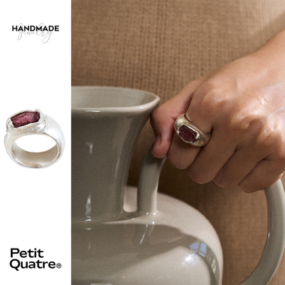 PQ纯手工制纯银990粉碧玺镶嵌戒