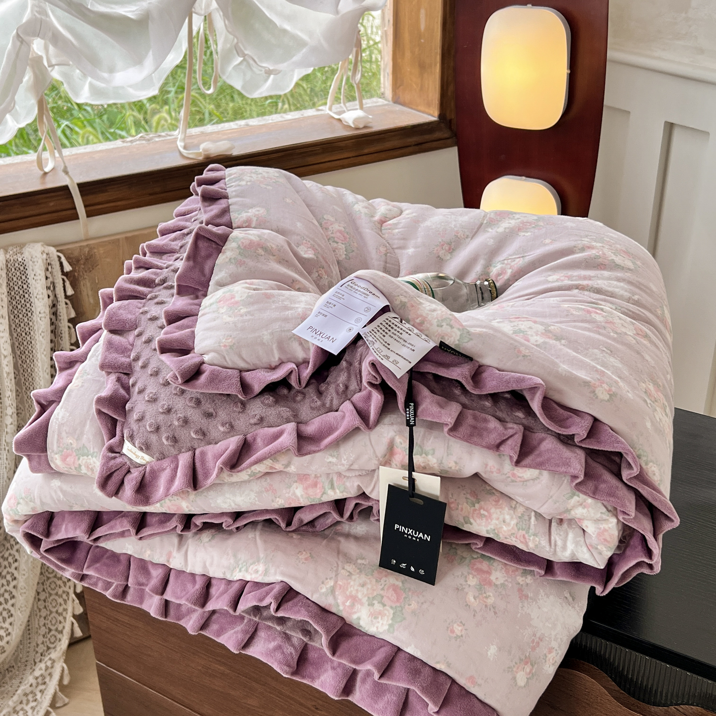 法式碎花全棉双层纱豆豆绒被子