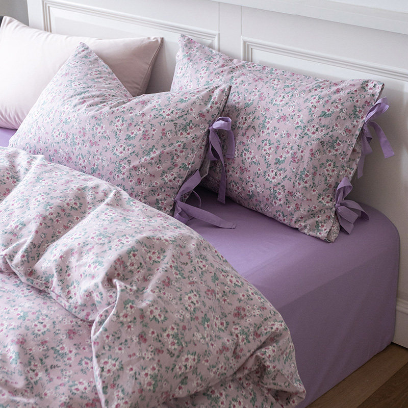 ins紫色系带枕套碎花床上四件套全棉纯棉1.5m1.8米被套床单三件套