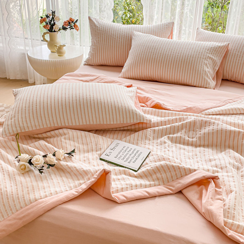 奶fufu~奶油绿色条纹提花夏凉被四件套薄被子芯空调被可水洗纯棉