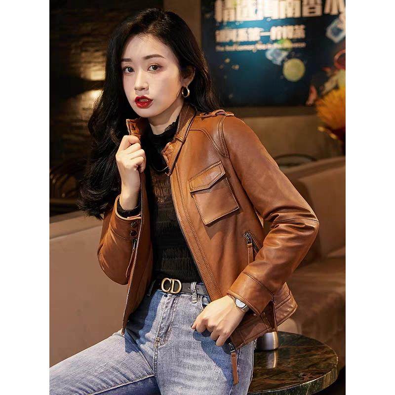 2025年海宁新款春秋冬黑色百搭修身短款机车皮衣女装皮夹克外套女