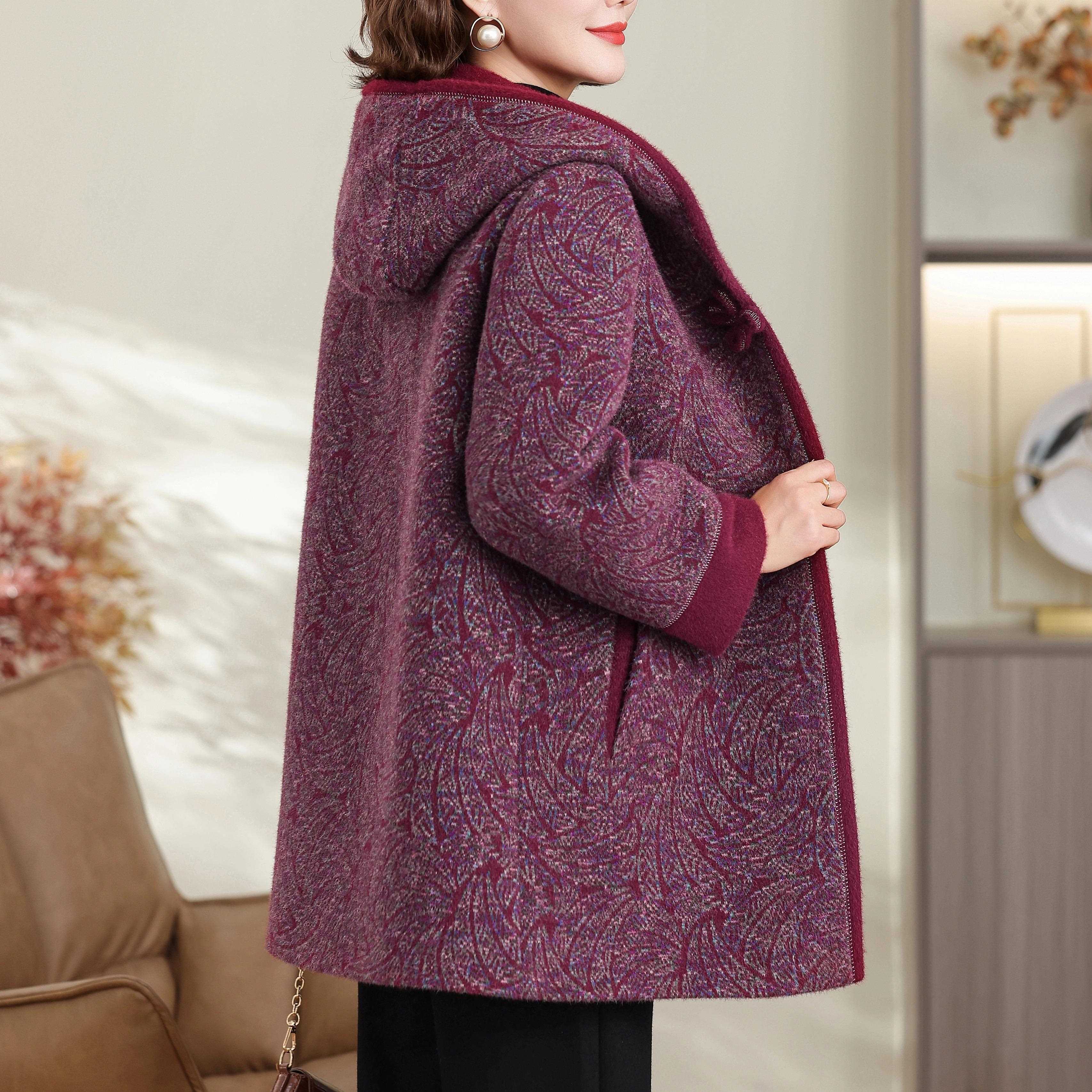 妈妈大码貂绒大衣2025冬季新款中老年女连帽中长款厚毛呢外套60岁