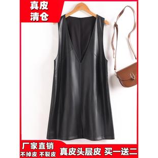 2025新款真皮马甲女中长款无袖外穿绵羊皮连衣裙宽松遮肚背心裙
