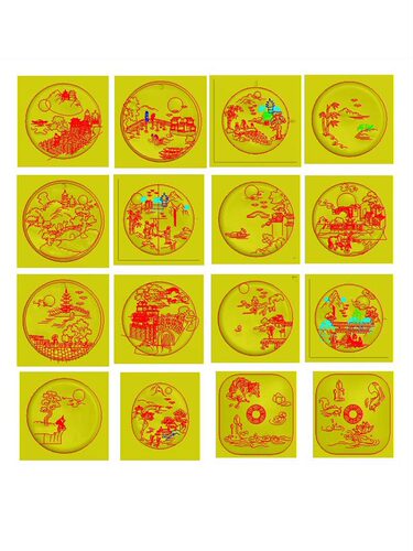 山水意境精雕图16张圆型牌子图电脑雕刻图JDP浮雕图BMP灰度玉雕图