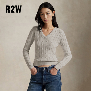 上衣紫色百搭打底衫 R2W美式 蓝色修身 麻花V领灰套衫 早秋棉线针织衫