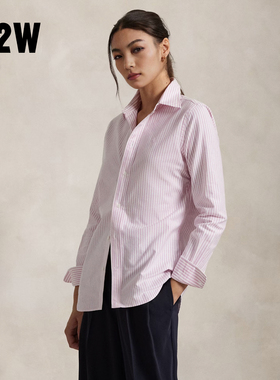 R2W美式粉色经典蓝色休闲牛津布条纹纯棉衬衫女正肩收腰通勤衬衣