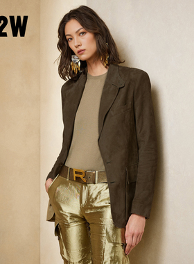 R2W美式麂皮绒游猎休闲外套女西装弹力修身复古棕绿老钱风小西服