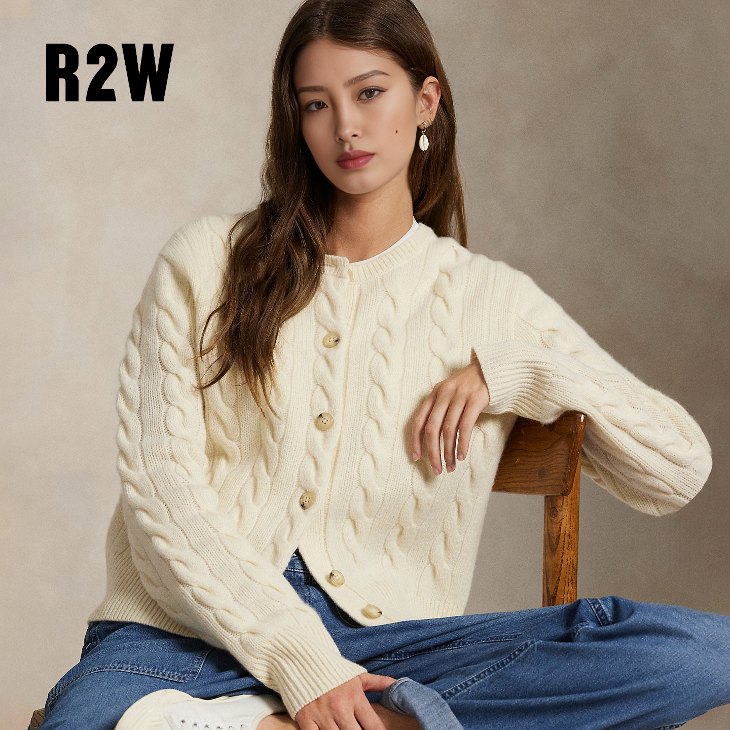 R2W美式复古高级奶白色麻花羊毛针织开衫女加厚毛衣灰短外套上衣