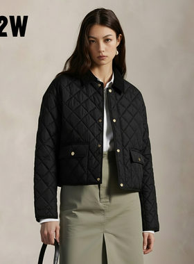 R2W美式复古灯芯绒翻领黑色菱格宽松轻薄棉服女绿色外套短款上衣