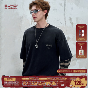 休闲宽松长袖 春秋美式 t恤上衣女 复古假两件卫衣男款 BJHG不计后果