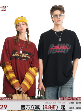 BJHG不计后果美式复古男士短袖t恤夏季潮牌纯棉红色情侣装半袖T恤