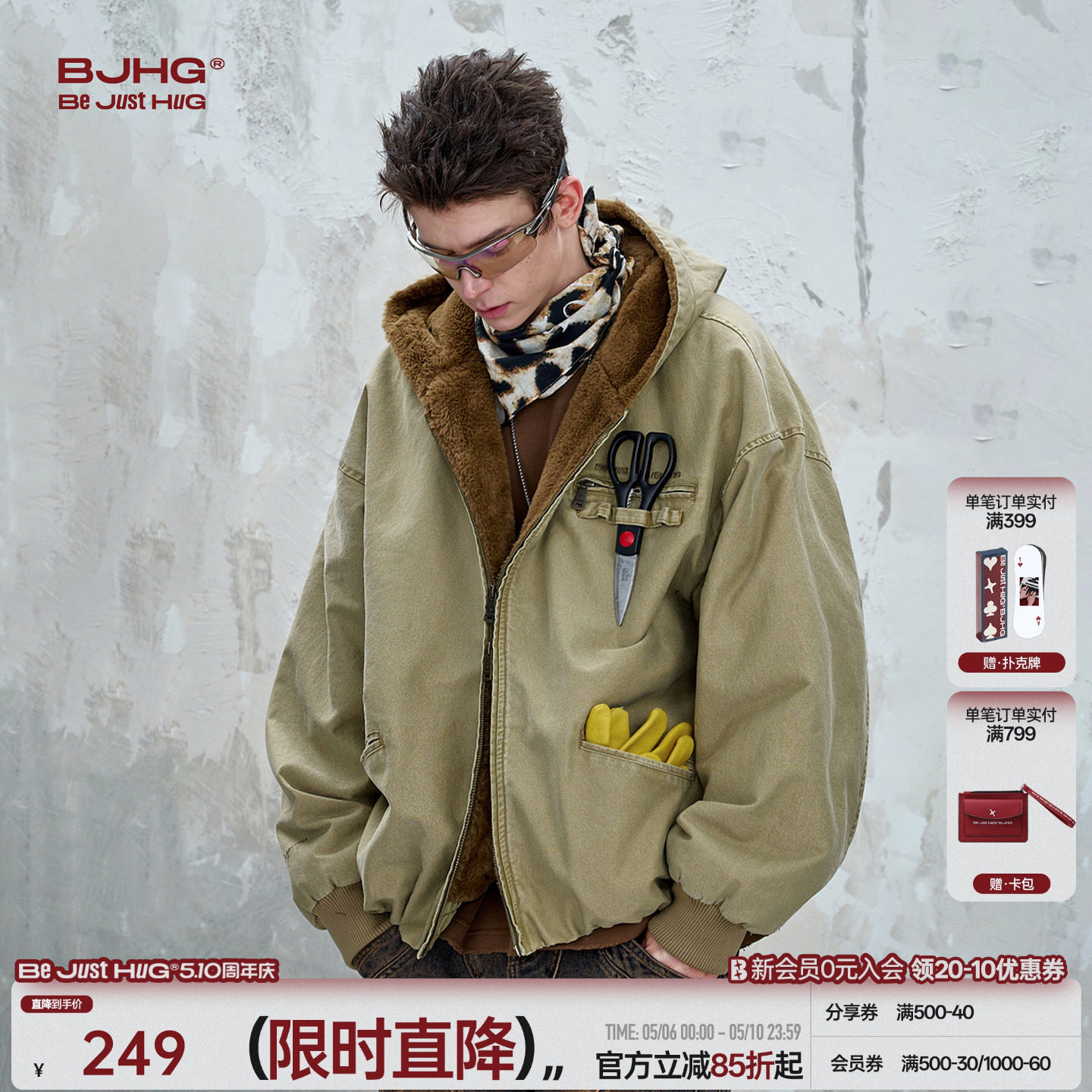 BJHG不计后果巴恩风工装棉服外套男款冬美式复古做旧仿貂毛棉衣女