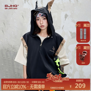 短袖 新款 痞帅休闲坎肩女 夏季 BJHG不计后果杜宾犬连帽背心上衣男款