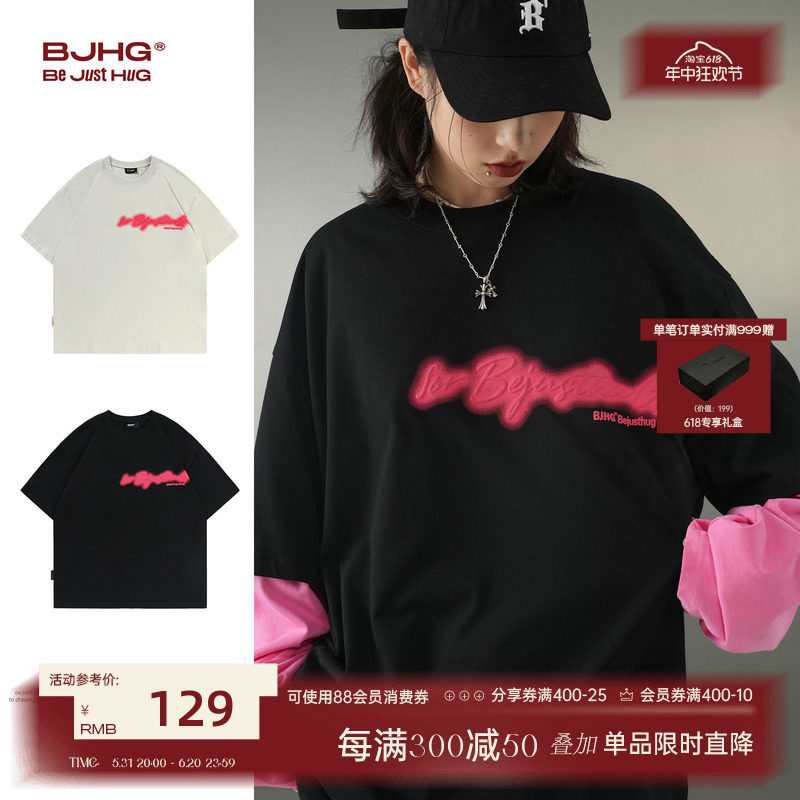 BJHG不计后果 夏美式复古运动短袖男款潮宽松T恤黑色纯棉情侣体恤