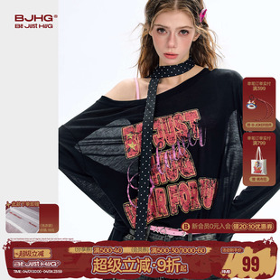 潮牌女装 BJHG不计后果 辣妹斜肩上衣 美式 T恤女夏季 千禧风罩衫 长袖