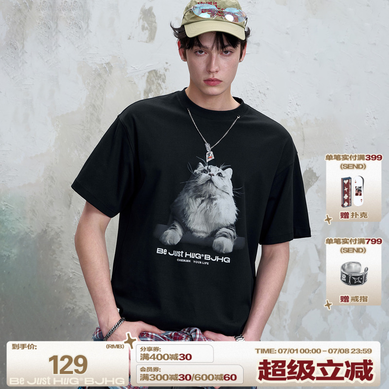 陈赫同款BJHG不计后果 小猫t恤短袖男款夏季美式新款潮牌情侣上衣