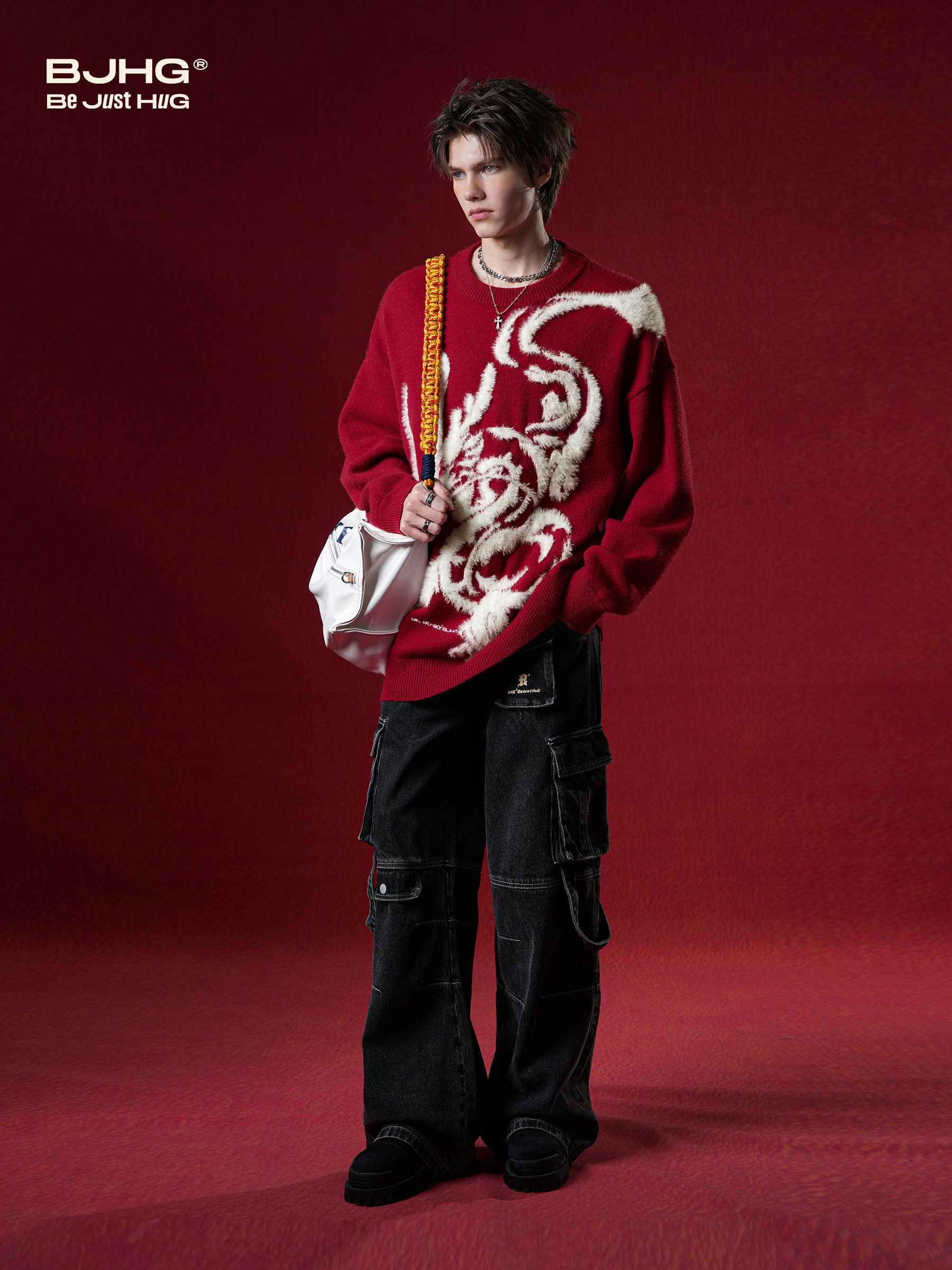 BJHG 무모한 새해 드래곤 레드 스웨터 남자 겨울 미국 게으른 스타일 커플 스웨터 재킷