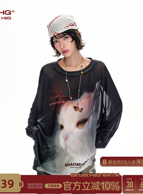 【不宠】BJHG不计后果 白色小猫防晒罩衫t恤女装夏季潮牌长袖上衣