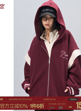 BJHG不计后果灯芯绒酒红色卫衣外套男款春撞色假两件情侣连帽开衫
