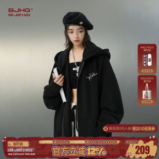 BJHG不计后果黑色加绒卫衣外套男女春季 外套 潮牌情侣连帽卫衣男士
